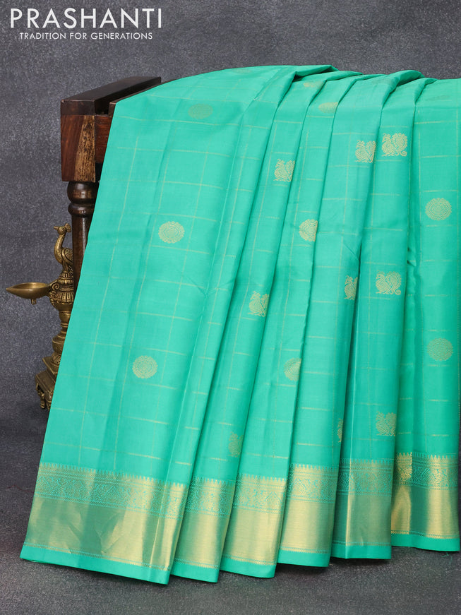 Pure kanjivaram silk saree teal green and pink with zari woven checked pattern & buttas and zari woven border & Checks