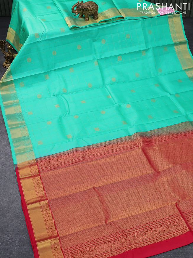 Pure kanjivaram silk saree teal green and pink with zari woven checked pattern & buttas and zari woven border & Checks