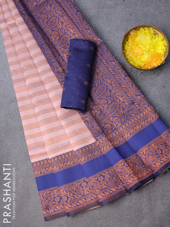 Semi kanjivaram silk saree pastel pink and blue with allover copper zari weaves and rettapet copper zari woven border