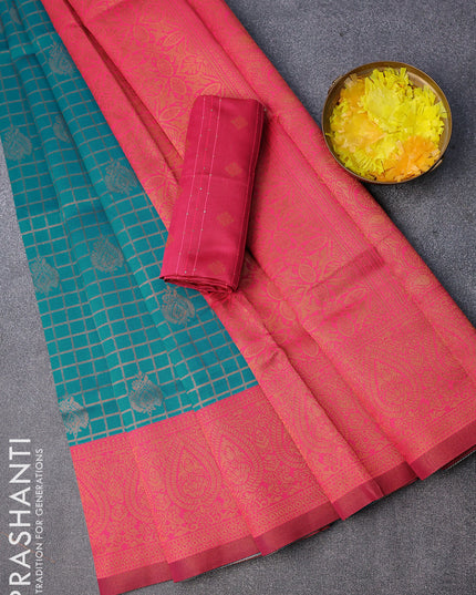 Semi kanjivaram silk saree teal blue shade and pink with allover zari checks & buttas and copper zari woven border