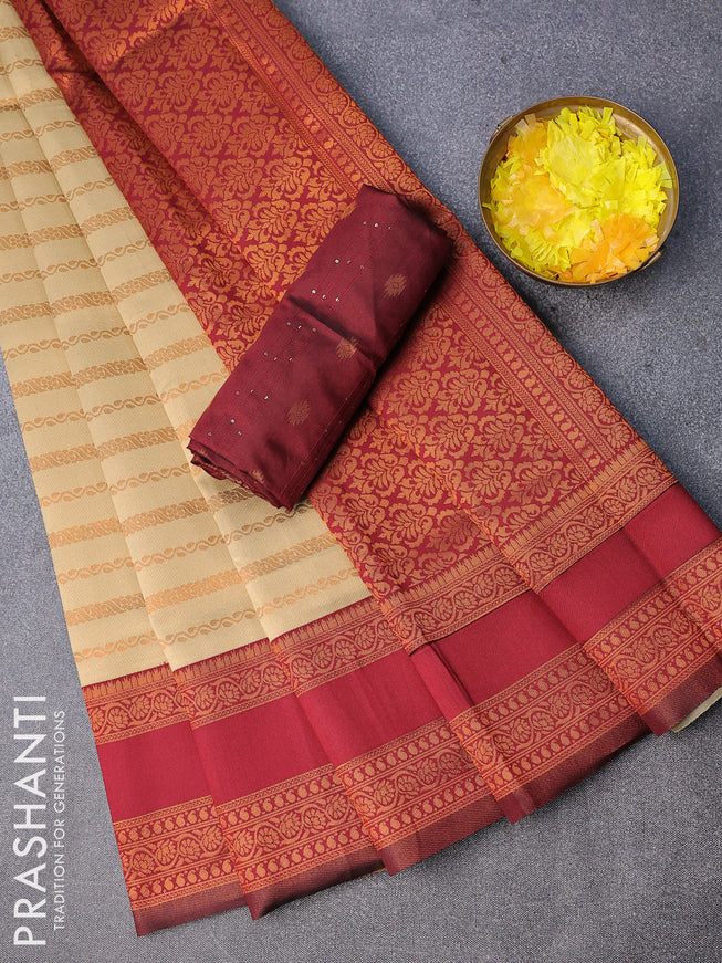 Semi kanjivaram silk saree sandal and maroon with allover copper zari weaves and rettapet copper zari woven border