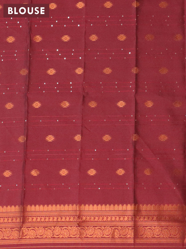 Semi kanjivaram silk saree dark green and maroon with allover zari checks & buttas and copper zari woven border