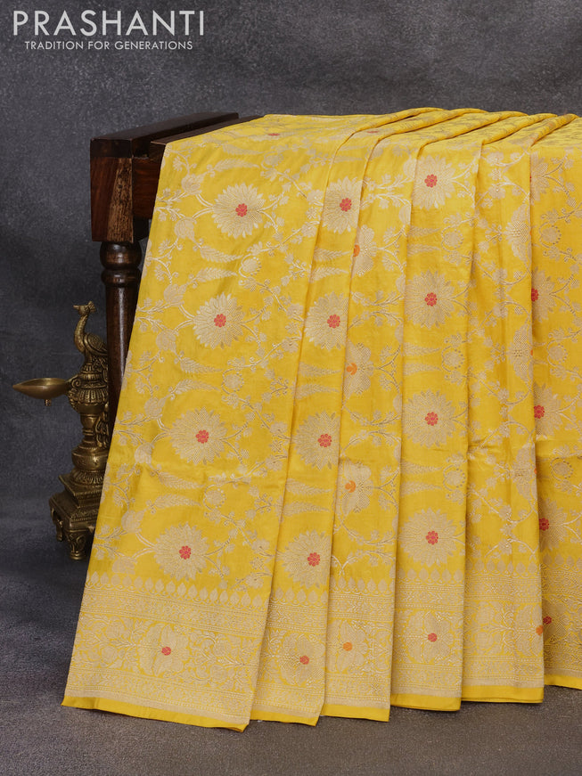 Banarasi uppada silk saree yellow with allover zari woven brocade weaves and rich floral zari woven border