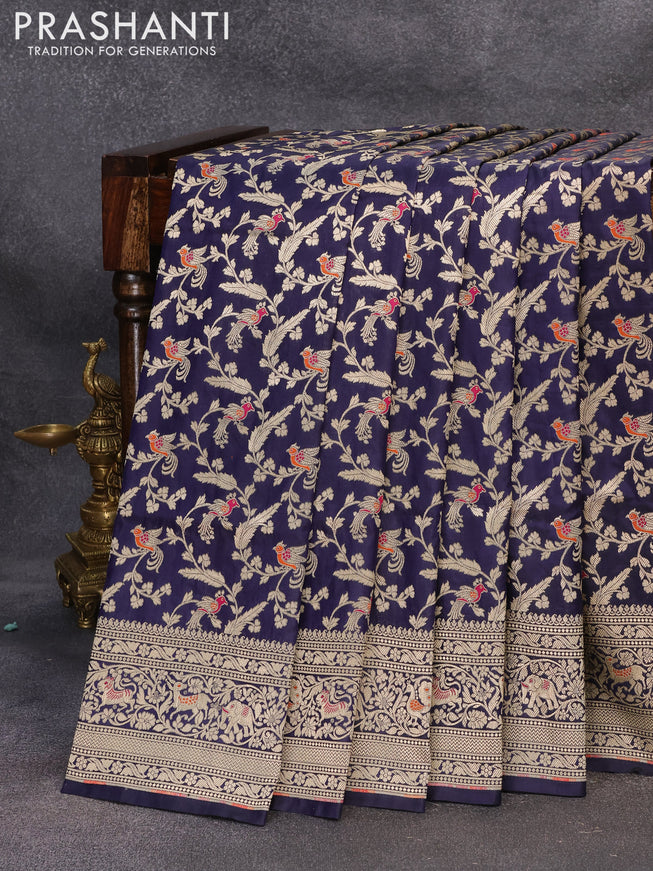 Banarasi uppada silk saree navy blue with allover zari woven brocade weaves and rich floral zari woven border