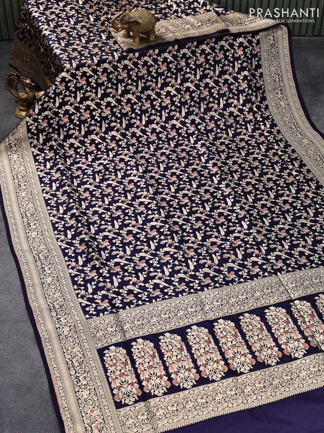 Banarasi uppada silk saree navy blue with allover zari woven brocade weaves and rich floral zari woven border