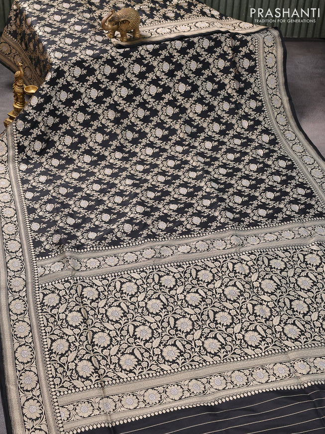 Banarasi uppada silk saree black with allover zari woven floral brocade weaves and zari woven border