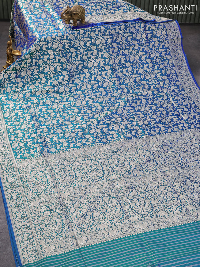 Banarasi uppada silk saree dual shade of bluish green with allover zari woven brocade weaves and zari woven border