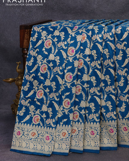 Banarasi uppada silk saree peacock blue with allover zari woven floral brocade wevaes and zari woven floral border