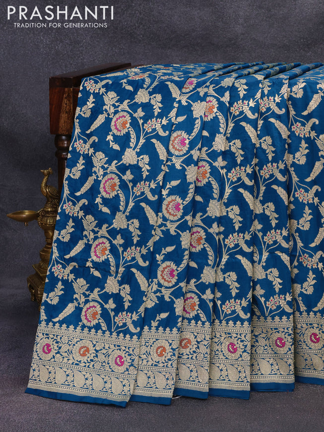 Banarasi uppada silk saree peacock blue with allover zari woven floral brocade wevaes and zari woven floral border