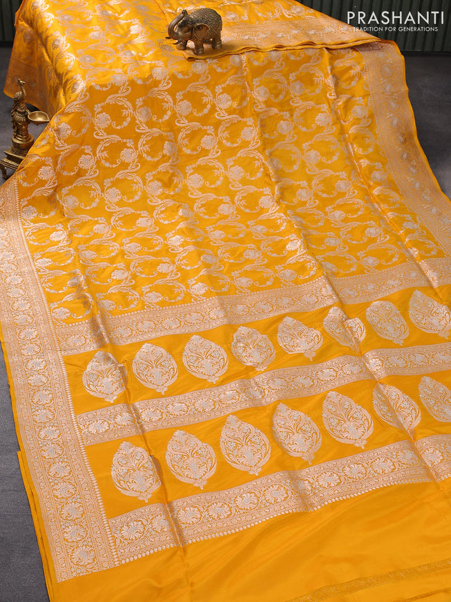 Banarasi uppada silk saree mango yellow with allover zari woven brocade weaves and zari woven border