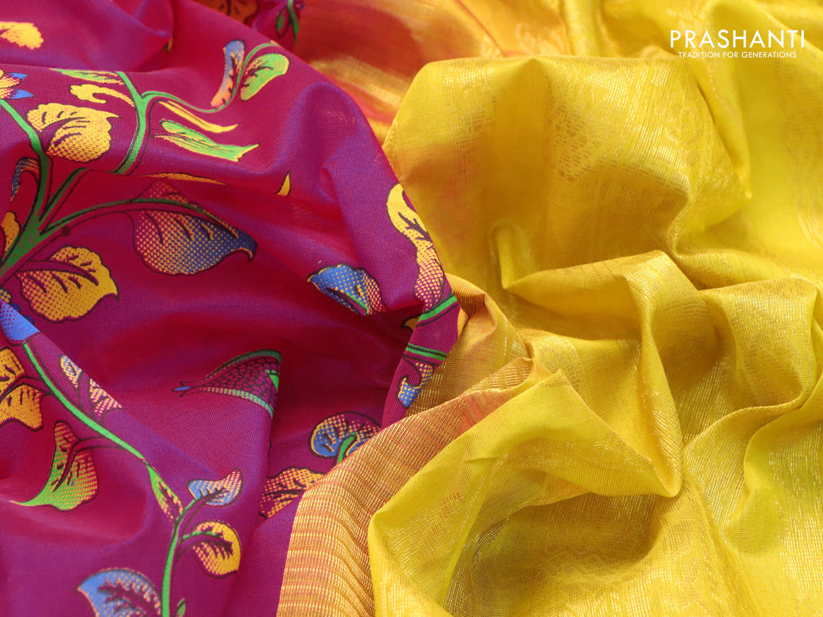 Silk cotton saree pink and yellow with allover kalamkari prints and zari woven border