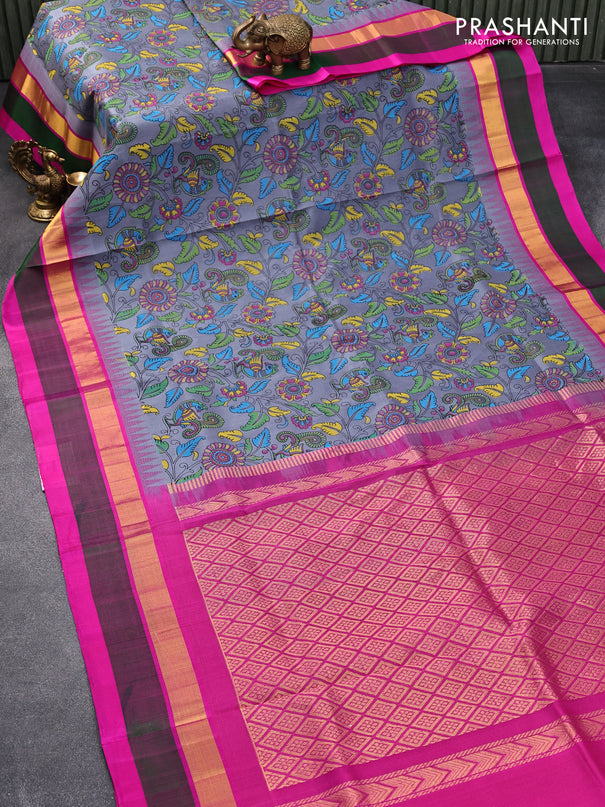 Silk cotton saree grey and pink with allover kalamkari prints and temple design zari woven simple border