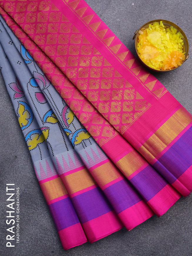 Silk cotton saree grey and pink with allover pichwai prints and temple design zari woven simple border