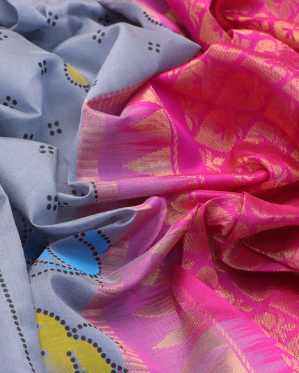 Silk cotton saree grey and pink with allover pichwai prints and temple design zari woven simple border
