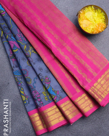 Silk cotton saree grey and pink with allover prints and zari woven border