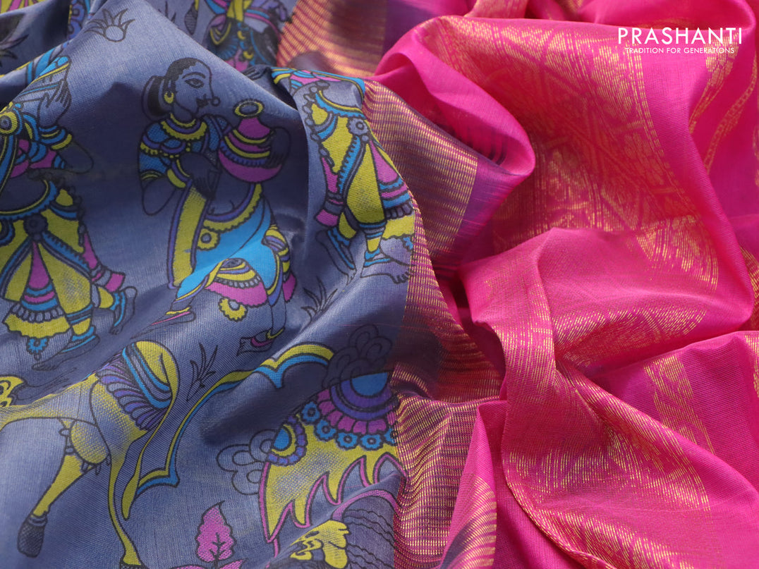 Silk cotton saree grey and pink with allover prints and zari woven border