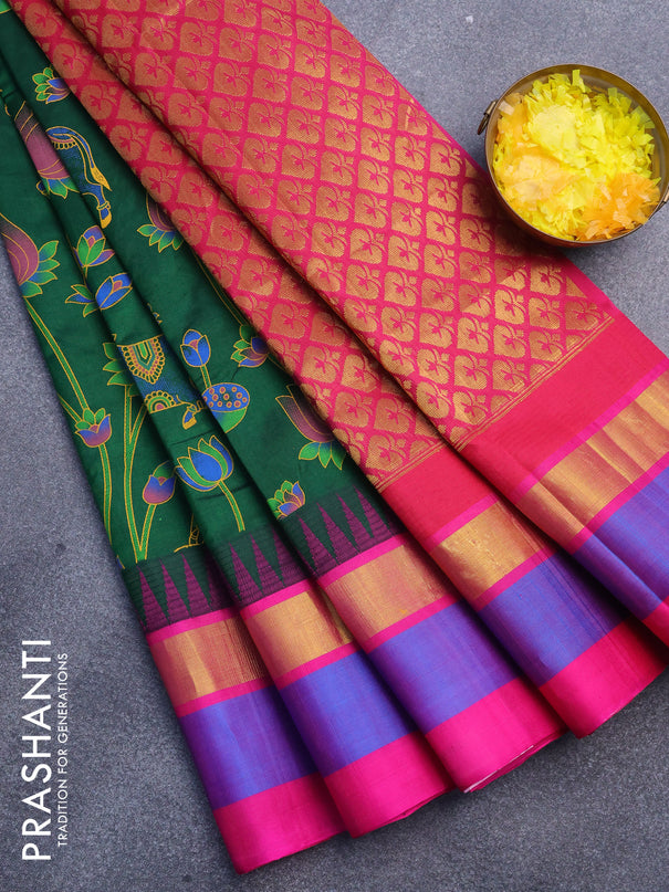 Silk cotton saree green and pik with allover pichwai prints and temple design zari woven simple border
