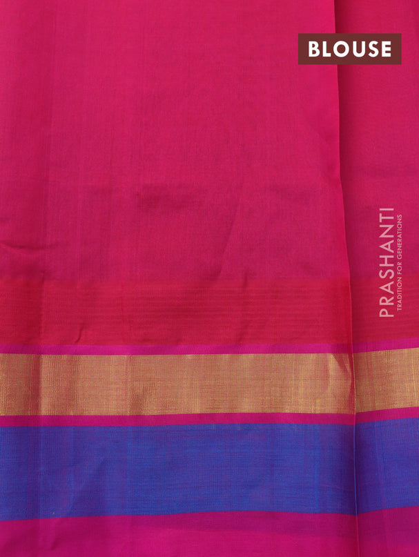 Silk cotton saree green and pik with allover pichwai prints and temple design zari woven simple border