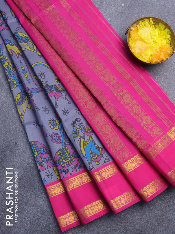 Silk cotton saree grey and pink with allover prints and rettapet zari woven border