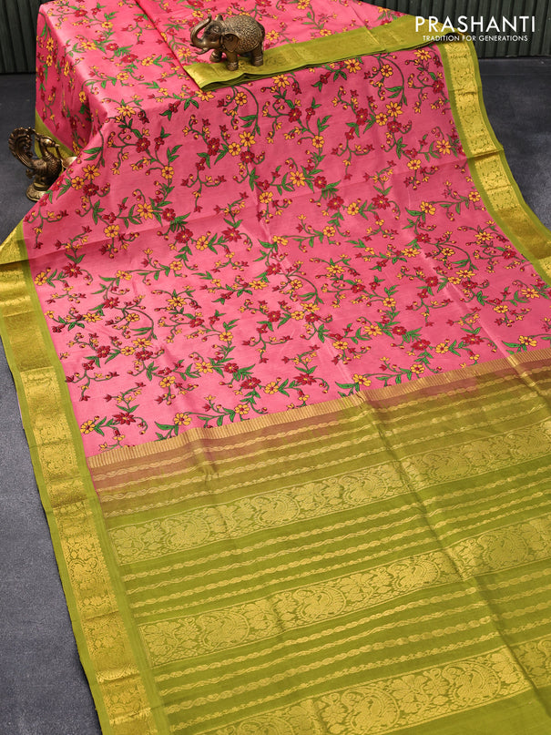 Silk cotton saree pink and mehendi green with allover floral prints and zari woven border