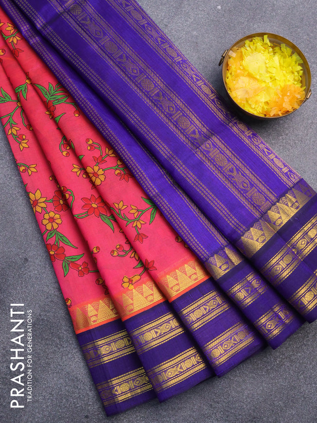 Silk cotton saree pink and blue with allover floral prints and rettapet zari woven border