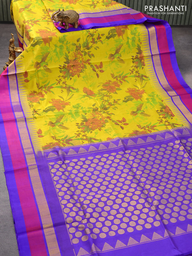 Silk cotton saree yellow and blue with floral prints and temple design zari woven border