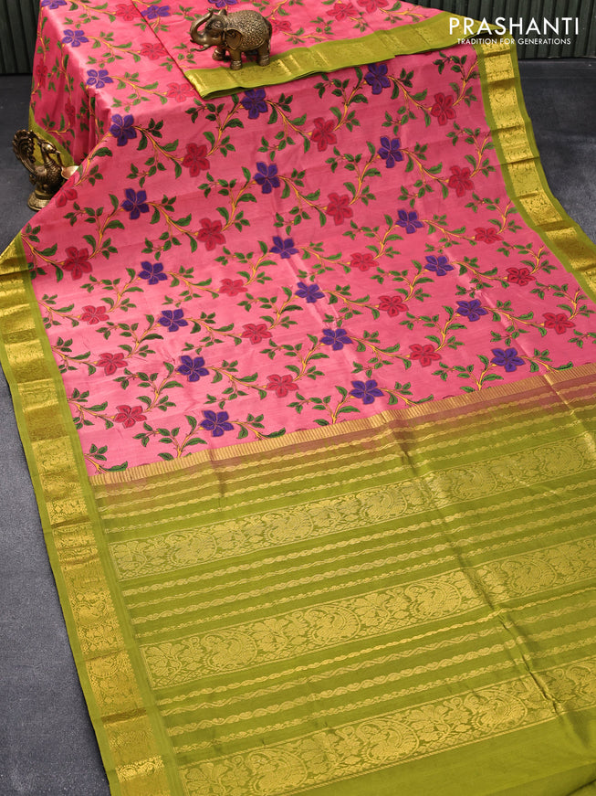 Silk cotton saree pink and mehendi green with allover kalamakri prints and zari woven border