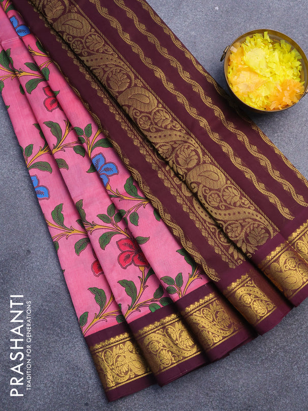 Silk cotton saree pink and deep wine shade with allover kalamakri prints and zari woven border
