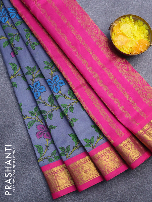 Silk cotton saree grey and pink with allover kalamakri prints and zari woven border