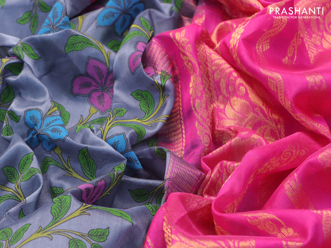 Silk cotton saree grey and pink with allover kalamakri prints and zari woven border