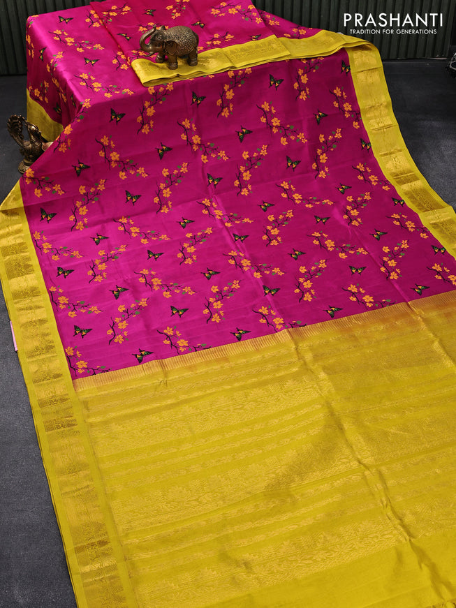 Silk cotton saree pink and yellow with allover floral prints and zari woven border