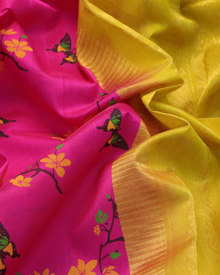 Silk cotton saree pink and yellow with allover floral prints and zari woven border