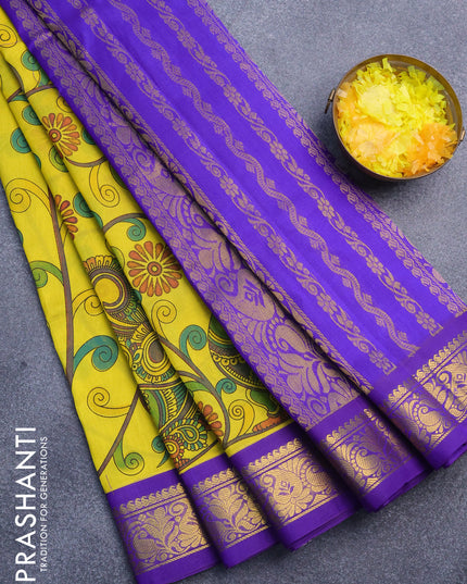 Silk cotton saree yellow and blue with allover kalamakri prints and zari woven border