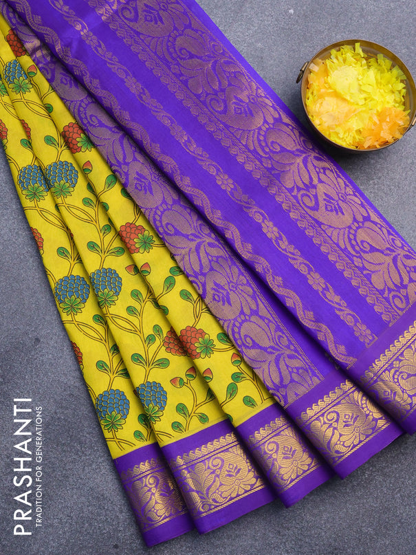 Silk cotton saree yellow and blue with allover prints and zari woven border
