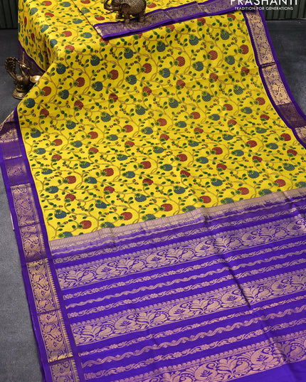 Silk cotton saree yellow and blue with allover prints and zari woven border