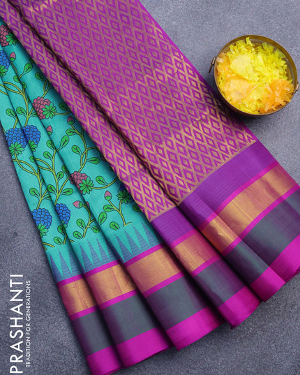 Silk cotton saree teal blue and purple with allover prints and temple design zari woven simple border