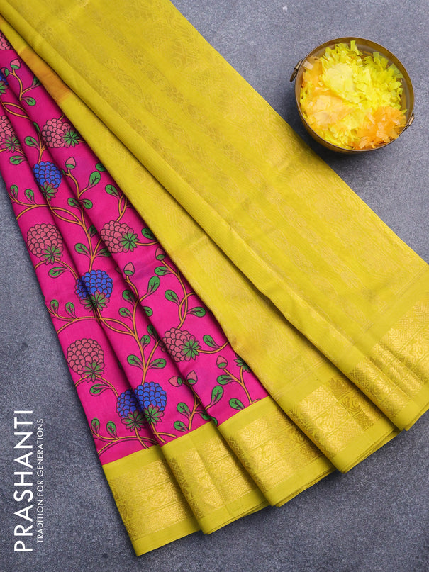 Silk cotton saree pink and yellow with allover prints and zari woven border