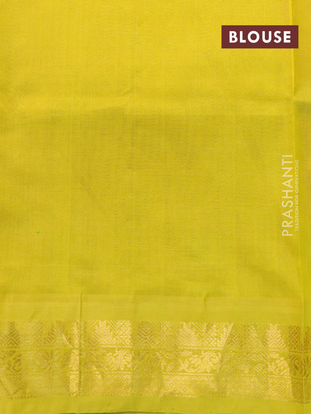 Silk cotton saree pink and yellow with allover prints and zari woven border