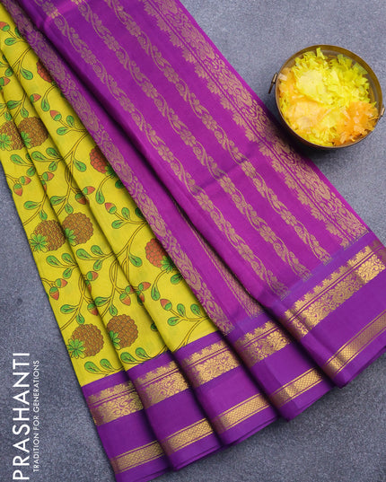 Silk cotton saree yellow and purple with allover prints and rettapet zari woven border