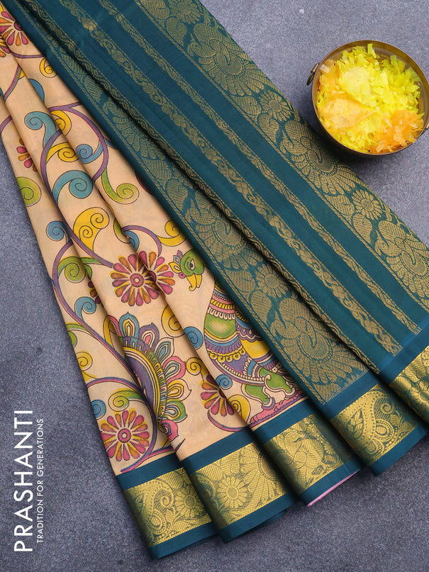 Silk cotton saree sandal and green with allover kalamkari prints and annam zari woven border