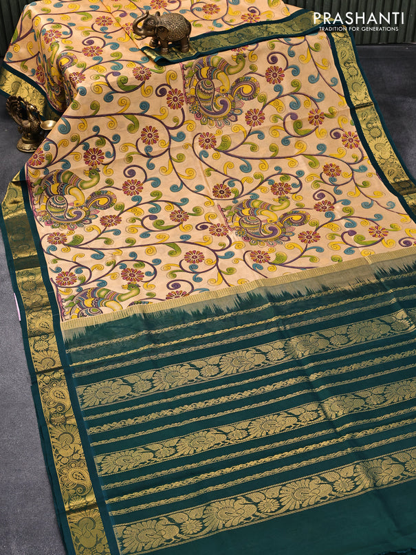 Silk cotton saree sandal and green with allover kalamkari prints and annam zari woven border