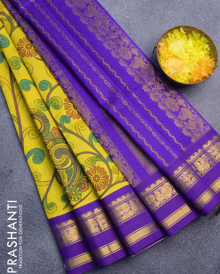 Silk cotton saree yellow and blue with allover kalamkari prints and rettapet zari woven border