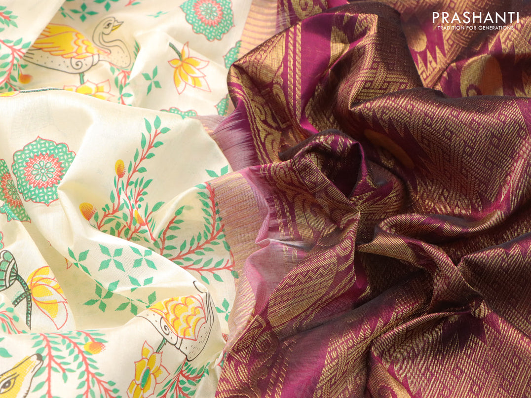 Silk cotton saree cream and purple with allover prints and temple design zari woven simple border