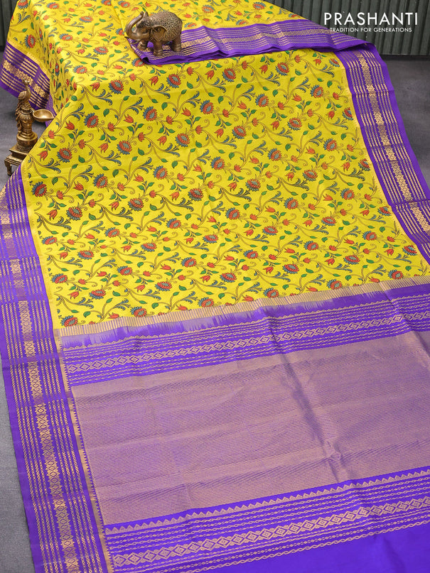 Silk cotton saree lime yellow and blue with allover floral prints and zari woven border