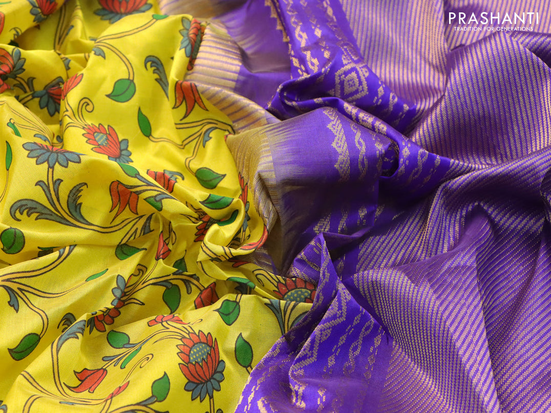 Silk cotton saree lime yellow and blue with allover floral prints and zari woven border