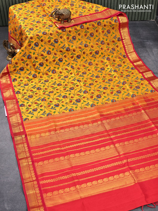 Silk cotton saree mango yellow and red with allover floral prints and zari woven border