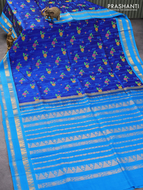Silk cotton saree blue and cs blue with allover floral prints and rettapet zari woven border