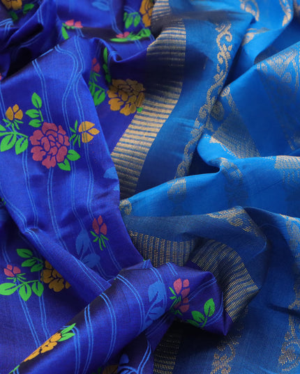 Silk cotton saree blue and cs blue with allover floral prints and rettapet zari woven border