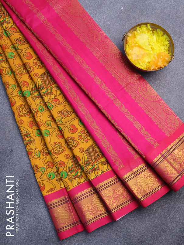 Silk cotton saree mustard yellow and pink with allover kalamkari prints and zari woven border