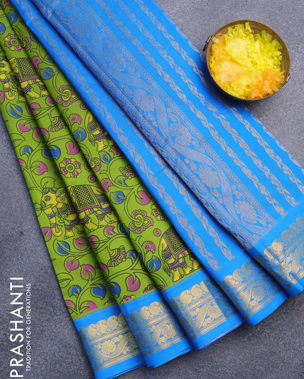 Silk cotton saree light green and cs blue with allover kalamkari prints and paisley zari woven border